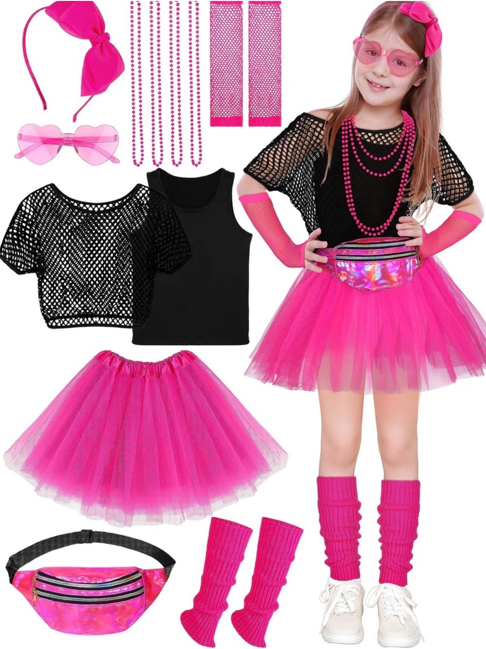 Kids 80s Dance Costume Set - Hot Pink Tutu & Black Mesh Top